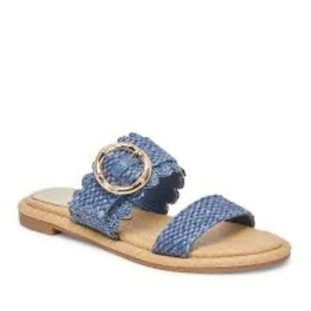 Dolce Vita Blue Woven Scalloped Buckle Slide Sandals Womens 8.5 Flat Summer Shoe